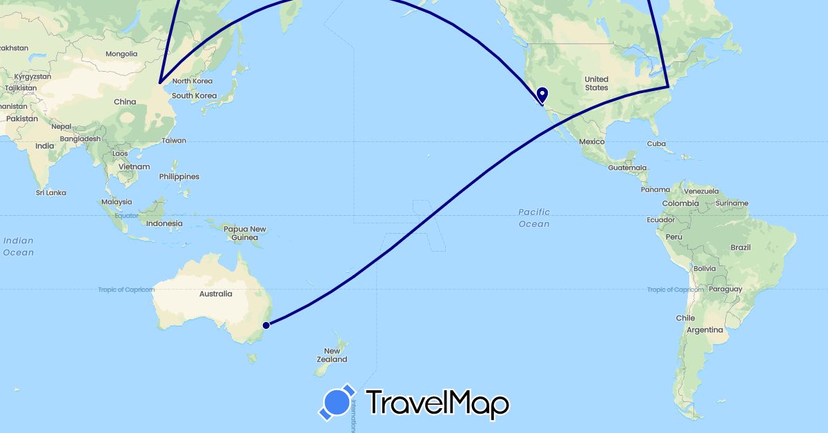 TravelMap itinerary: driving in Australia, China, United States (Asia, North America, Oceania)